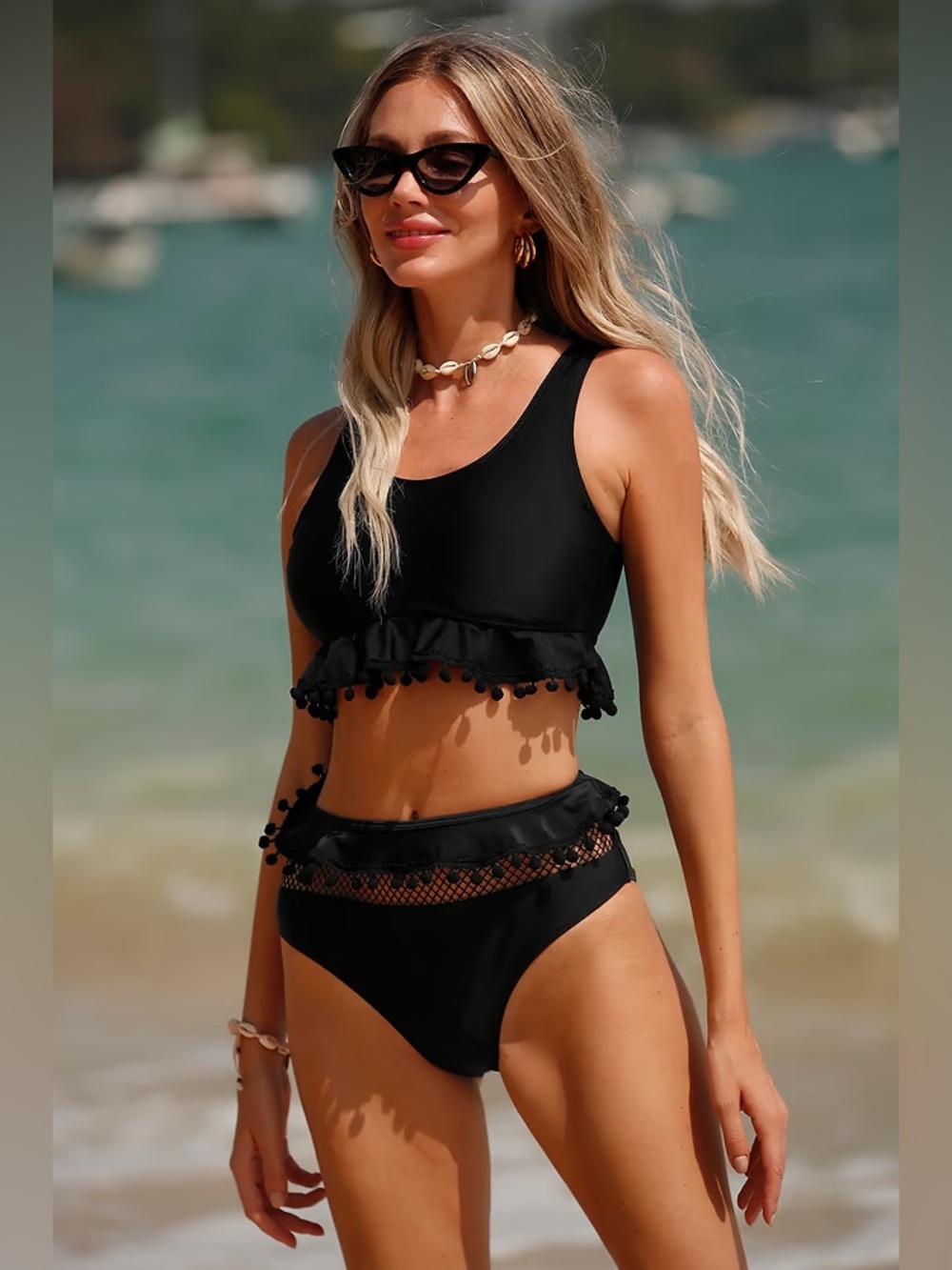 Cupshe Black Ruffled Pom-Pom Bikini Set
